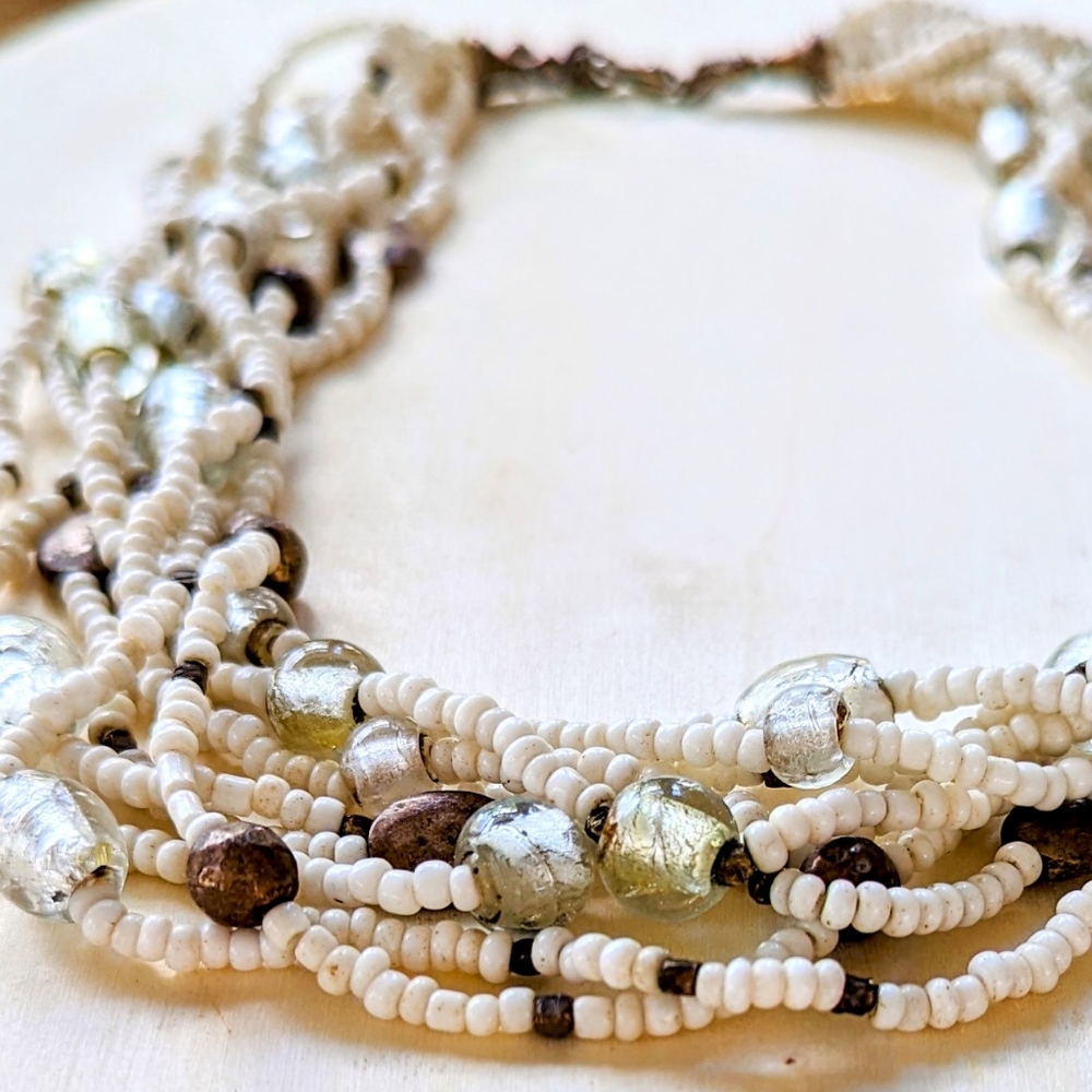 Boho Beach Glass Chunky Multi Strand White and Bronze Bead Layered Necklace